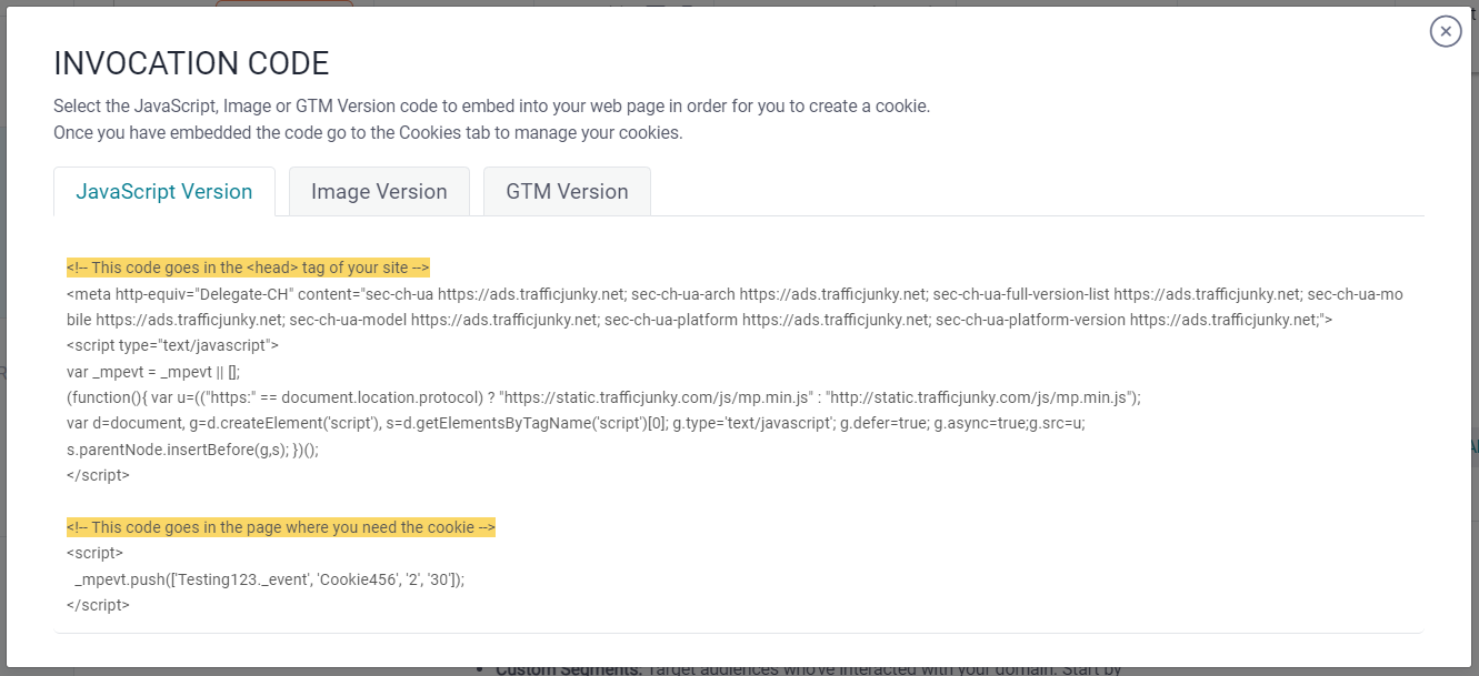 There is a JavaScript and Image version of retargeting invocation code