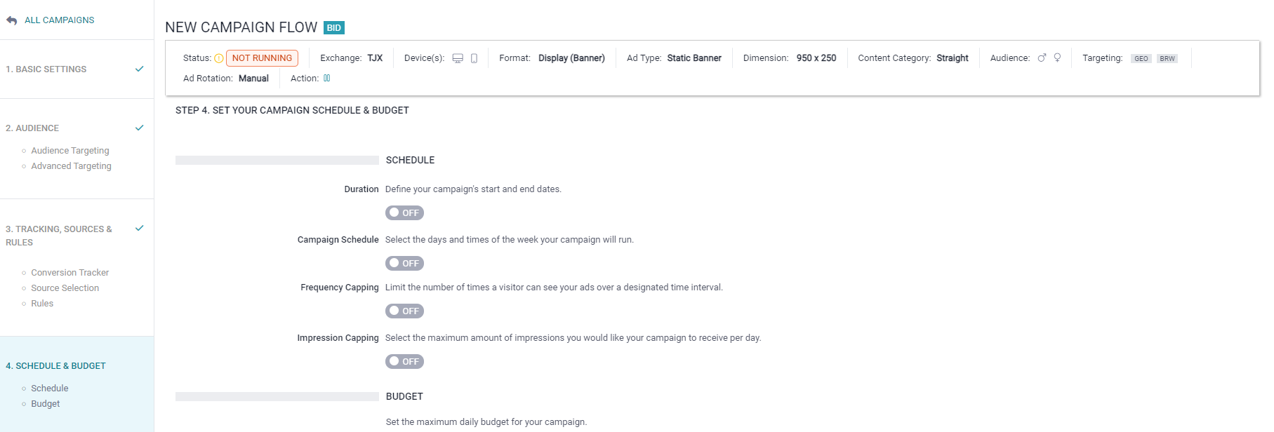 TrafficJunky's Campaign Creation Process

Step 4: Schedule & Budget - Set Your Campaign Schedule and Budget