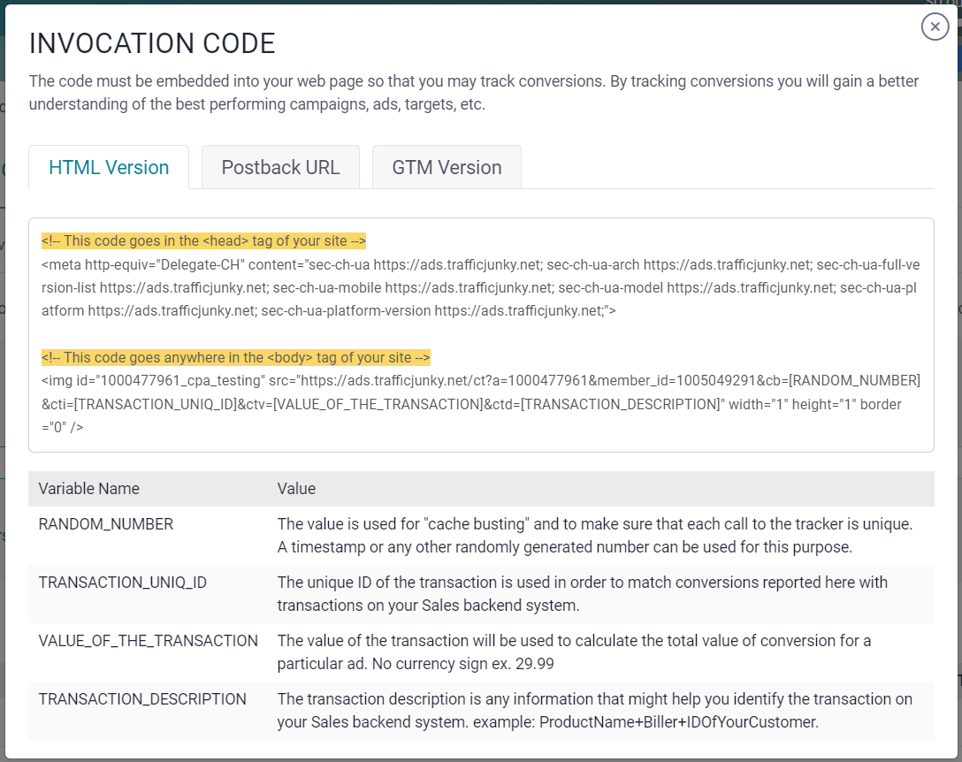 Conversion tracker invocation codes on TrafficJunky campaign manager