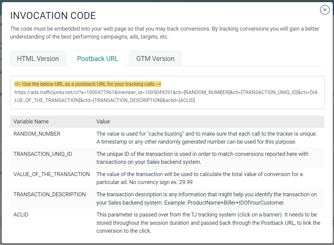 Conversion tracker invocation code on TrafficJunky campaign manager