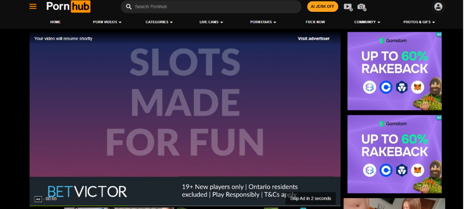 Examples of Pornhub advertising formats including in-stream, Shorties video, native ads, and display banners
