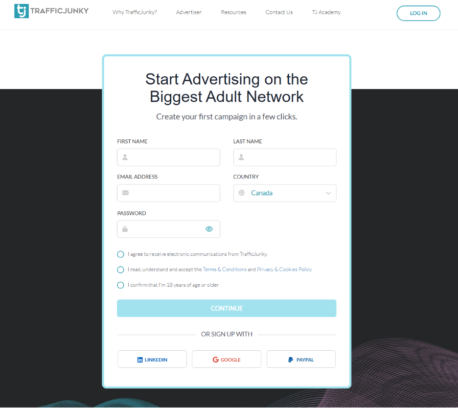 TrafficJunky sign-up page to start advertising on Pornhub with access to millions of impressions